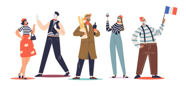 ilustraciones, imágenes clip art, dibujos animados e iconos de stock de conjunto típico de franceses: mimos, mujeres en boinas sosteniendo baguettes y vino tinto - beret