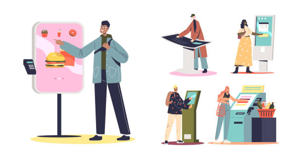 ilustraciones, imágenes clip art, dibujos animados e iconos de stock de personas que utilizan terminales de autoservicio, paneles informativos y pantallas táctiles de pago sin contacto - autoservicio