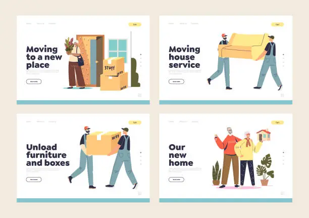 Vector illustration of Buying and moving to new home concept of landing pages with house owners and relocation workers