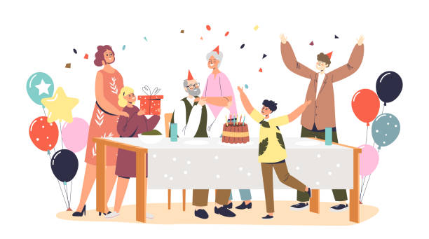 Grandfather birthday celebration with big family at holiday dinner greeting happy granddad Grandfather birthday celebration with big family at holiday dinner greeting happy granddad with cake and gifts. Anniversary concept. Cartoon flat vector illustration birthday family stock illustrations