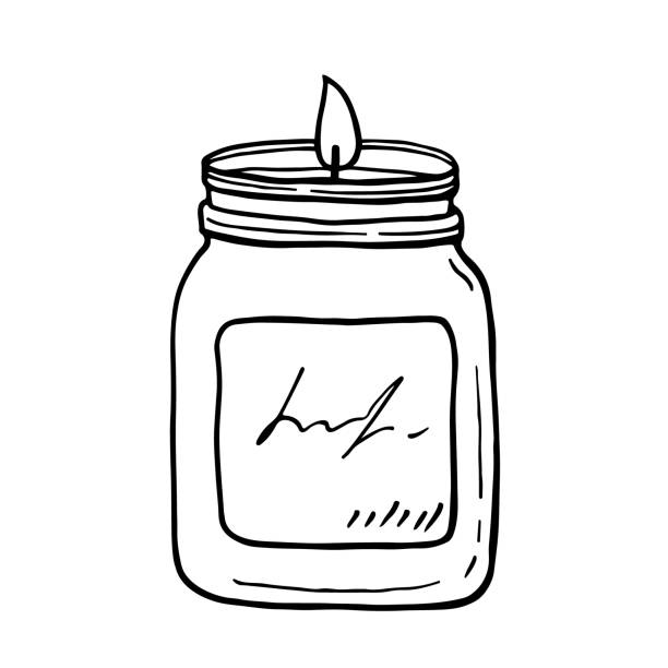 Burning aroma candle in a jar isolated on white background Burning aroma candle in a jar isolated on white background. Vector hand-drawn illustration in doodle style. Aromatherapy, relaxation design element. Suitable for cards, logos, decorations. kerosene fuel stock illustrations