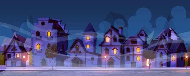 istock Medieval german night street with houses in fog 1316182670