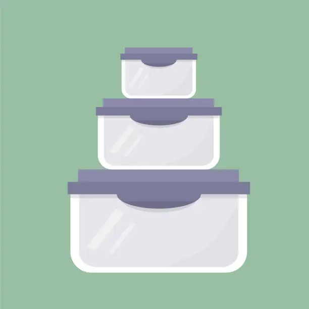 Vector illustration of Vector glass or plastic food containers with colored lids, food storage.