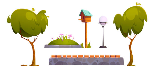 ilustraciones, imágenes clip art, dibujos animados e iconos de stock de conjunto de artículos del parque árboles verdes, lecho de flores, lámpara - birdhouse bird house ornamental garden