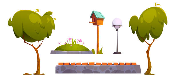 illustrazioni stock, clip art, cartoni animati e icone di tendenza di set di oggetti del parco alberi verdi, aiuola, lampada - birdhouse