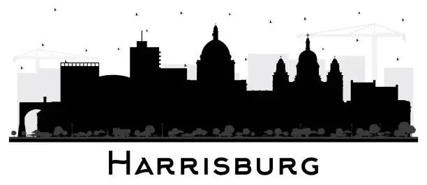 Vector illustration of Harrisburg Pennsylvania City Skyline Silhouette with Black Buildings Isolated on White.