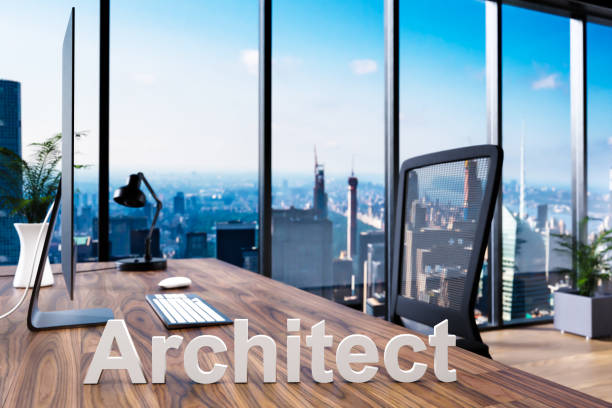 istock architect; office chair in front of modern workspace with computer and skyline view; architect concept; 3D Illustration 1316189596
