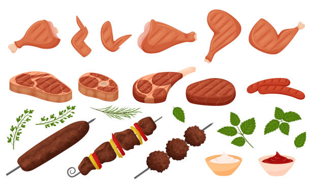 ilustraciones, imágenes clip art, dibujos animados e iconos de stock de shish kebab, lula kebab, patas de pollo a la parrilla, alitas, carne de res barbacoa, salchichas, salsas, hierbas. conjunto de platos de carne a la parrilla. comida de carne lista en un estilo de dibujos animados plano. ilustración vectorial aislada en bl - cooked chicken white background grilled chicken