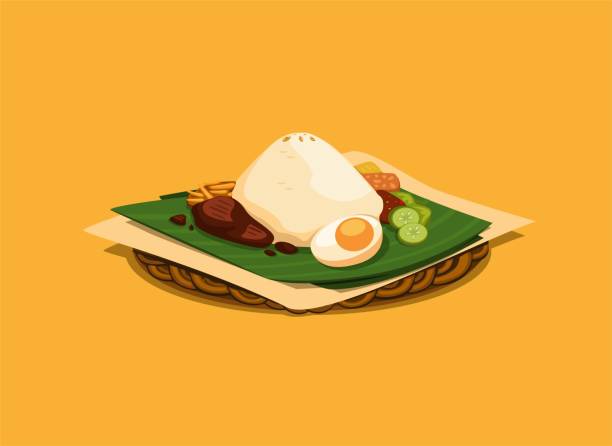 ilustraciones, imágenes clip art, dibujos animados e iconos de stock de arroz alimentario tradicional asiático con cobertura servida en hoja de plátano e ilustración de placa de ratán vector realista - indonesia