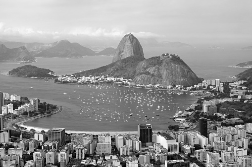 Monochrome Aerial View of Rio de Janeiro with the Famous Sugarloaf Mountain as Seen from Corcovado Hill in Rio de Janeiro, Brazil