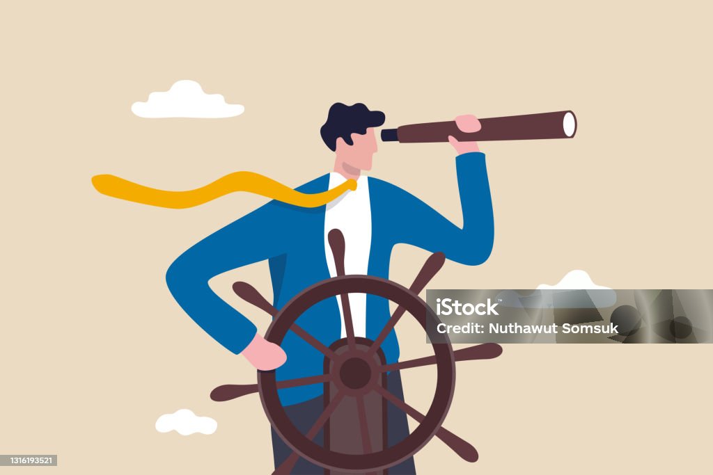 Business leadership and visionary to lead company success, career direction or work achievement concept, smart businessman boat captain control steering wheel helm with telescope vision. Leadership stock vector