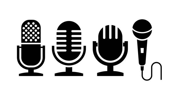 Vintage microphone vector icon Old retro microphones vector icons set isolated on white background music speaker logo stock illustrations