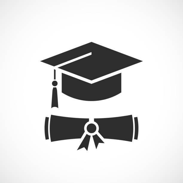 ilustraciones, imágenes clip art, dibujos animados e iconos de stock de gorra de graduación e icono vector de diploma de educación - graduation