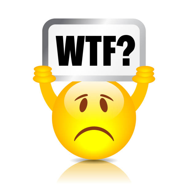 Disappointed emoji with WTF sign Disappointed sad emoticon holds WTF sign, vector cartoon on white background wtf stock illustrations