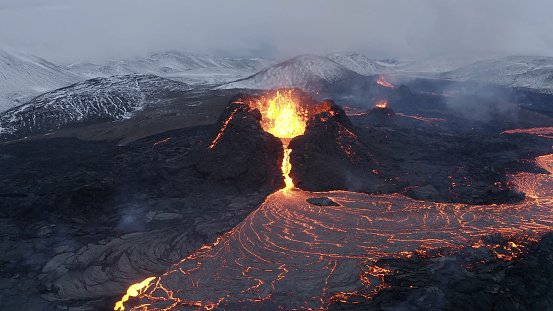 Iceland of Hot lava and magma coming out of the crater, April 2021