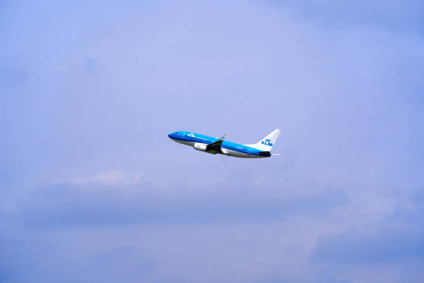 Blue KLM plane taking off. Airplane KLM Boeing 737 register PH-BGL taking off from Zurich airport. Photo taken April 30th, 2021, Kloten, Switzerland. klm stock pictures, royalty-free photos & images