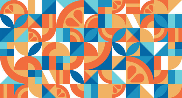 Vector seamless pattern with orange in the Bauhaus style. Abstract geometric texture with simple repeating shapes. Mosaic retro wallpaper. Colorful minimalistic background Vector seamless pattern with orange in the Bauhaus style. Abstract geometric texture with simple repeating shapes. Mosaic retro wallpaper. Colorful minimalistic background. citrus stock illustrations