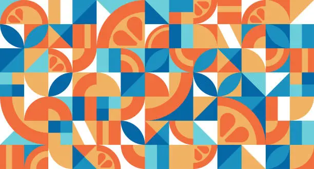Vector illustration of Vector seamless pattern with orange in the Bauhaus style. Abstract geometric texture with simple repeating shapes. Mosaic retro wallpaper. Colorful minimalistic background