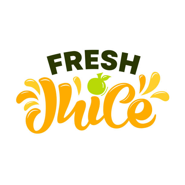 Hand drawn lettering of logo Fresh juice Hand drawn lettering of bright sticker, emblem and banner for fruit and berry fresh juice. Vector illustration juice bar stock illustrations