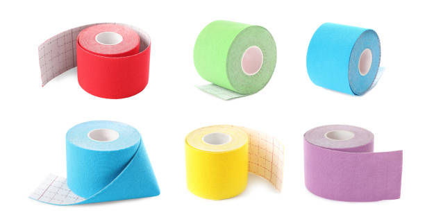 istock Set with different color kinesio tapes on white background. Banner design 1316203627