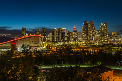Panoramic view of Downtown Calgary including high rise buildings in the financial district, Calgary, Alberta, Canada.