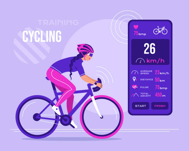 Athletic woman in a bicycle uniform riding a bike using a workout app on a smartphone. Healthy active lifestyle concept with online cardio training program, marathon. Vector illustration Athletic woman in a bicycle uniform riding a bike using a workout app on a smartphone. Healthy active lifestyle concept with online cardio training program, marathon. Flat vector illustration vector bike stock illustrations