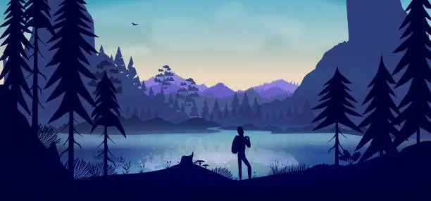Vector illustration of Hiker in forest at sunset near a lake with reflection