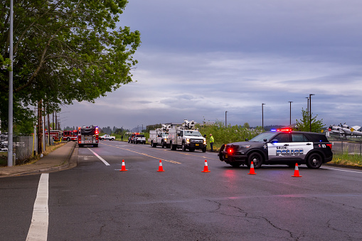 Salem, Oregon, USA - May 3rd, 2021: Street blocked by police for traffic due to fire