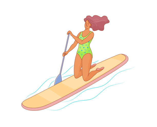 illustrazioni stock, clip art, cartoni animati e icone di tendenza di la donna in ginocchio sta remando con paddle board sull'acqua. - one person white background swimwear surfboard