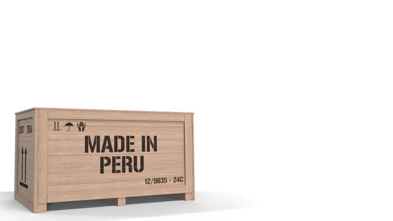 Large wooden crate with MADE IN PERU text