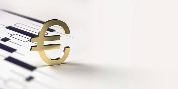 Foreign currency data on global exchange markets concept: Black and white candlestick chart with 3D rendered golden European EURO money symbol on white surface with copy space. Online trading. Finance and economy.