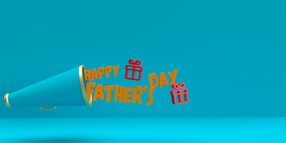 3D rendered announcement concept: A megaphone symbol on blue background and copy space calling our for father's day. Wrapped gift box icons. Illustrated graphic design