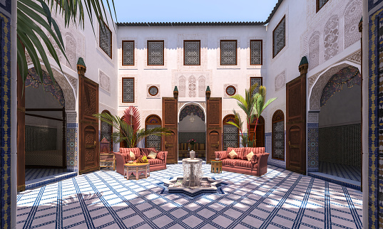 Malaga, Spain - May 18, 2019: Patio de la Alberca (Pool Courtyard) in Nasrid and Taifa Palace at Alcazaba Fortress - Malaga, Andalusia, Spain