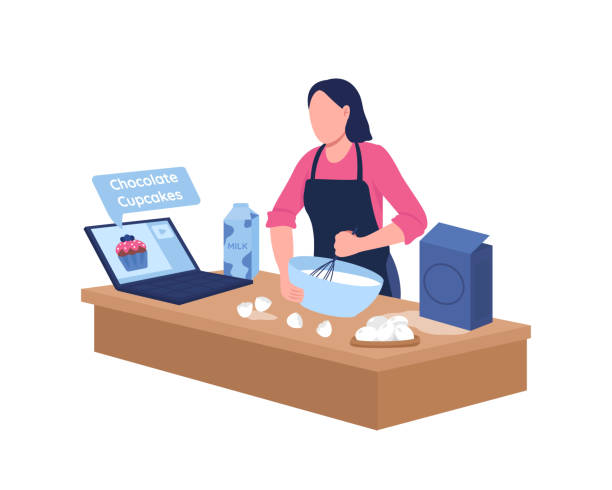 ilustrações de stock, clip art, desenhos animados e ícones de caucasian woman baking with online tutorial flat color vector faceless character - bakery women cake cupcake