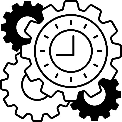 Daily Job time management concept, hrm symbol on white background, gear inside clock vector color icon design, Office Timings Sign, three cogwheels sync with each other stock illustration