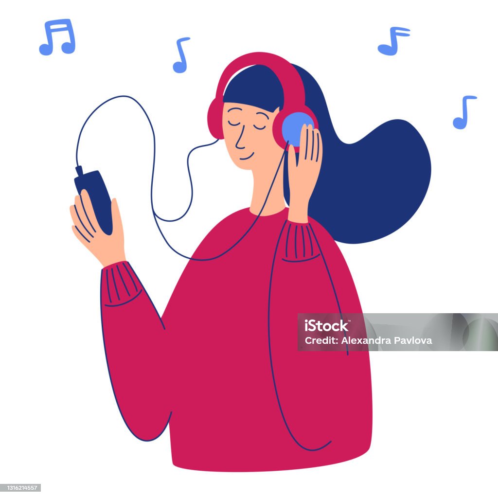 Vector Cartoon Illustration Of Young Pretty Woman In Headphones Listening  Music Music Lover Relaxing When Enjoying Her Favorite Song Woman Character  Holding Smartphone In Her Hand Radio Podcast Stock Illustration - Download