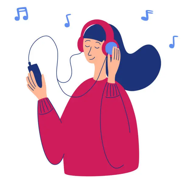 Vector illustration of Vector cartoon illustration of young pretty woman in headphones listening music. Music lover relaxing when enjoying her favorite song. Woman character holding smartphone in her hand. Radio, podcast.