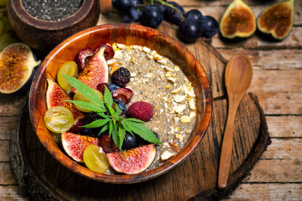 istock oatmeal with almonds and fresh fruit and marijuana leaves in a bowl 1316214615