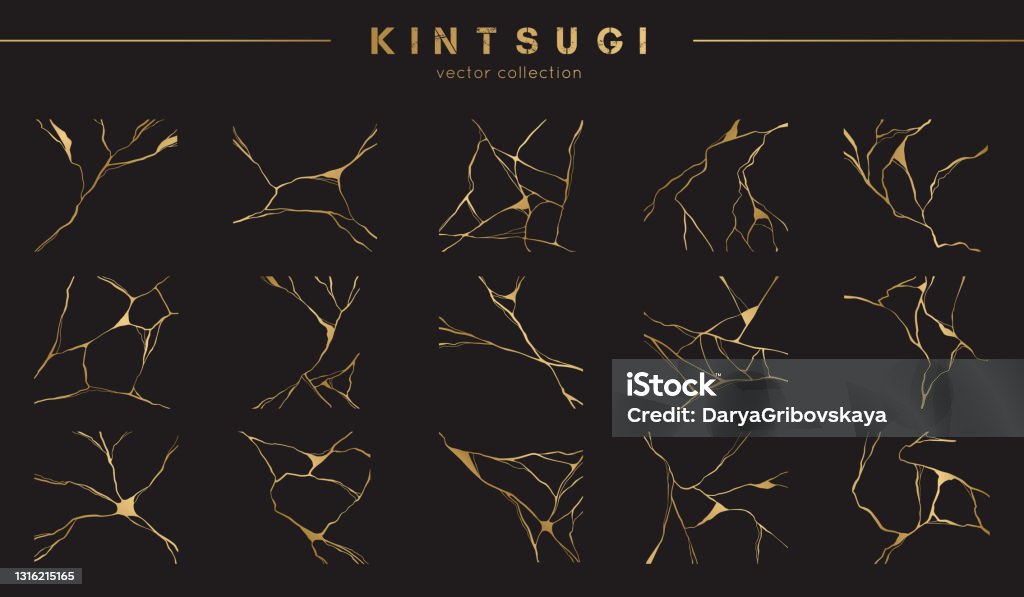 Set Of Gold Kintsugi Vector Patterns Japanese Art Of Repairing Broken