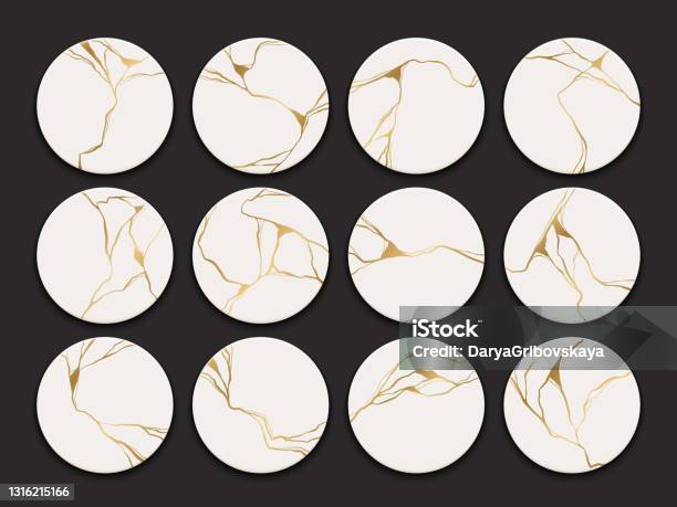 Set Of Circle Gold Kintsugi Patterns Japanese Art Of Repairing Broken