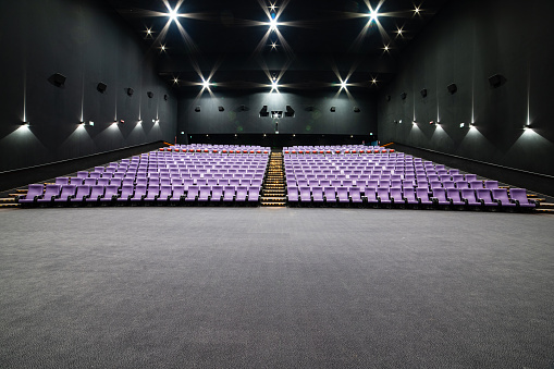 Empty big movie theater hall with many rows of purple seats