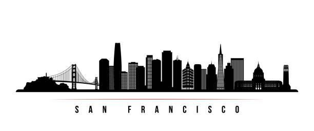 샌프란시스코 스카이 라인 수평 배너. 캘리포니아 주 샌프란시스코의 흑백 실루엣. 디자인에 대한 벡터 템플릿입니다. - san francisco county skyline vector bridge stock illustrations