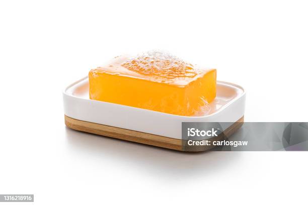 Soap Bar With Suds Isolated On White Stock Photo - Download Image Now - Bar Of Soap, Soap Dish, Cut Out