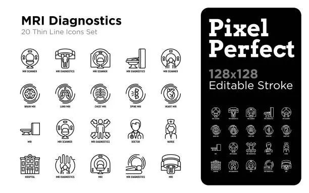 Vector illustration of MRI diagnostics thin line icons set. Medical equipment for oncology detection, doctor, nurse, hospital. Pixel perfect, editable stroke. Vector illustration.