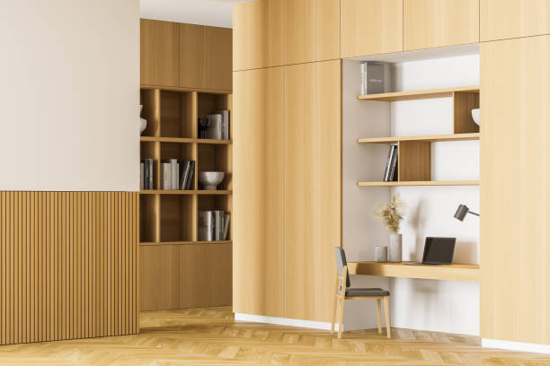 istock Home office. Cabinet interior with table, a bookshelf, a chair and computer. Work at home concept. 3d rendering. No people. 1316220807