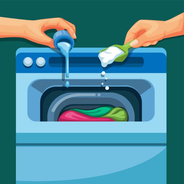ręcznie wlać płyn i detergent do pralki. instrukcja prania symbol ilustracji wektor - chemical merchandise cleaning product domestic life stock illustrations