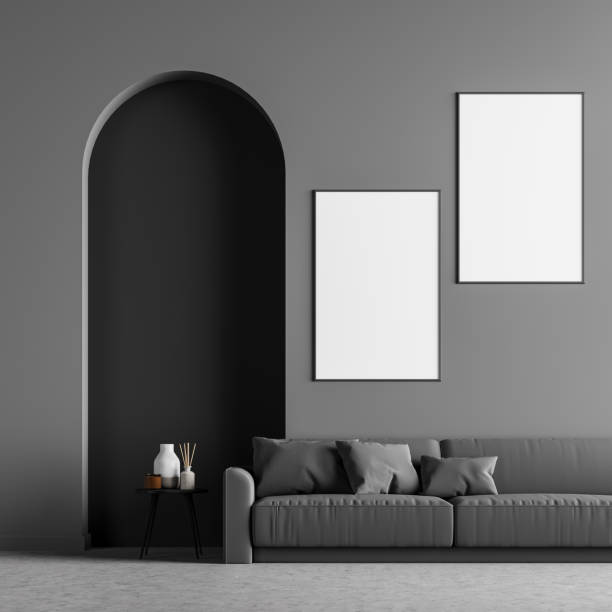 istock Dark living room interior with grey sofa and two poster 1316222100