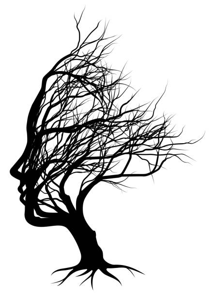 착시 벌거 벗은 나무 얼굴 여자 실루엣 - tree silhouette branch bare tree stock illustrations