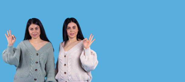 istock Banner,long format. Satisfied twins on a blue background show the sign everything is OK. Brunettes on a studio background with ad space on the side. 1316222735