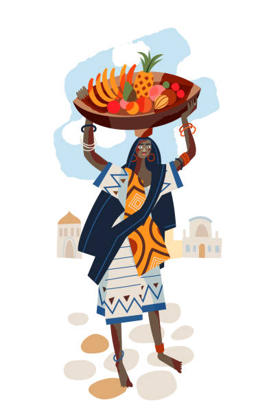 afrikanische stammesfrau mit teller mit früchten auf dem kopf. junge mädchen in stamm tragen nahrung vektor illustration. weiblich in kleid mit traditionellen elementen in der stadt auf weißem hintergrund - loin cloth stock-grafiken, -clipart, -cartoons und -symbole